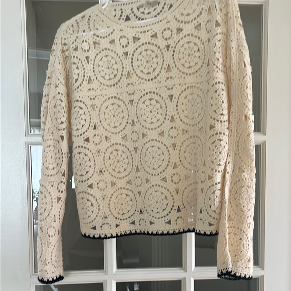 Nina Capri Cream Lace Blouse with Black Trim